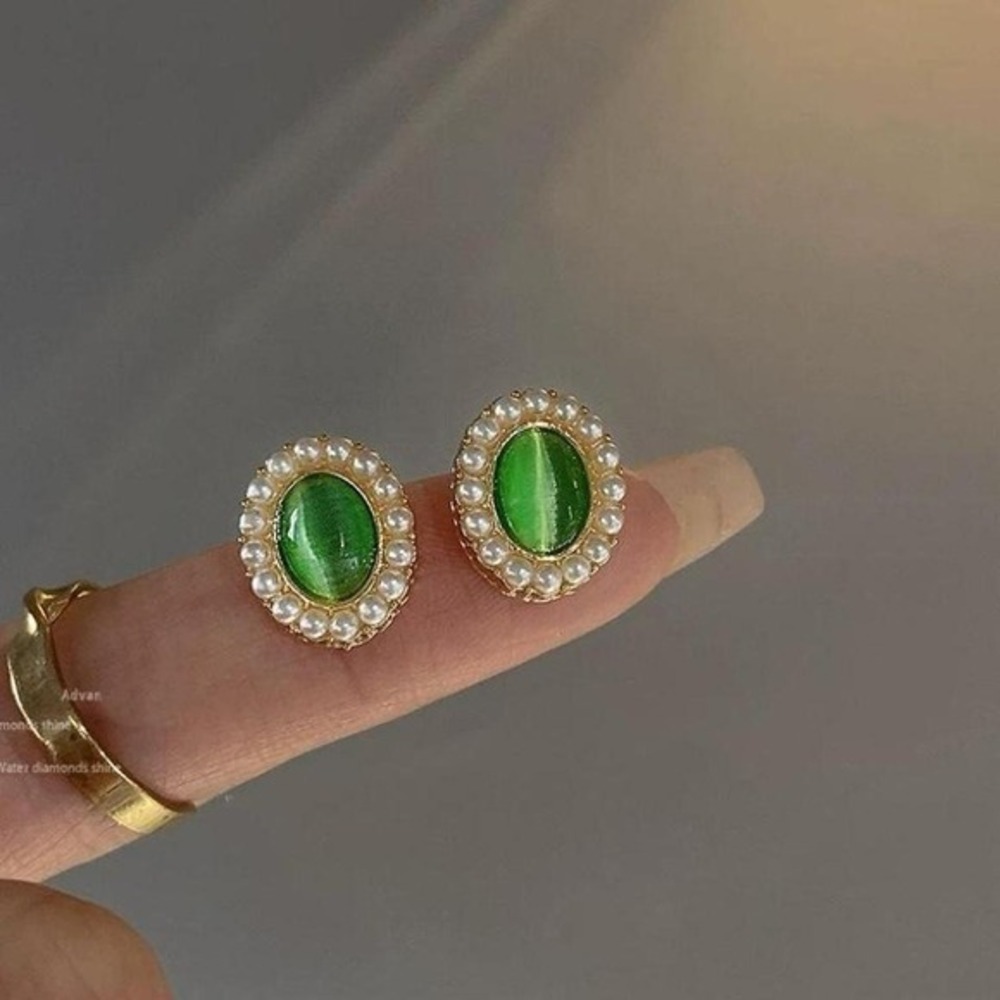 Green‎ Cats Eye Pearl Halo Stud Earrings S925 Sterling Silver Posts